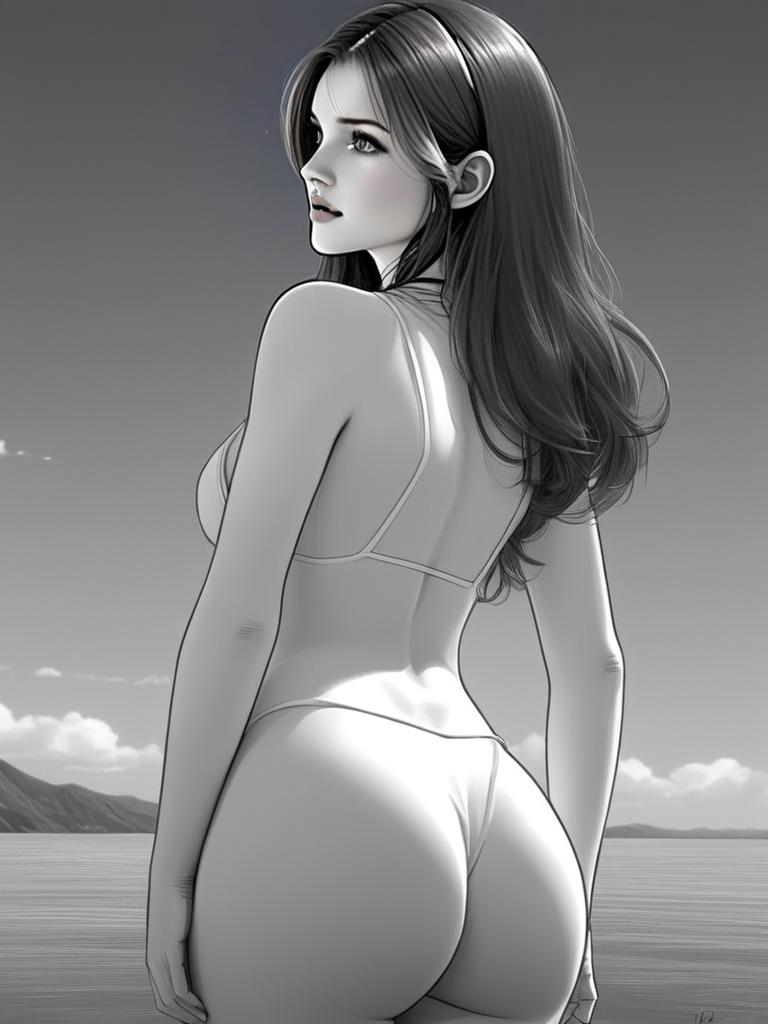 Monochrome Digital Illustration of Woman by Water in Swimsuit lvn87n1wmmbrgrg8