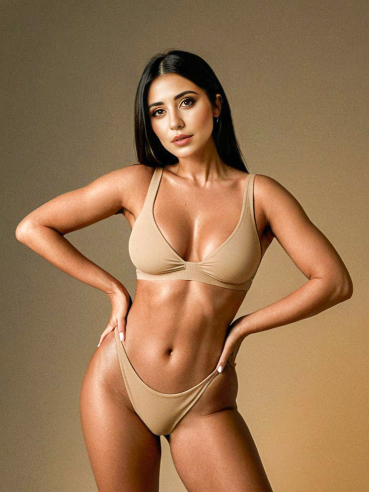 Model in Beige Bikini Against Gradient Background