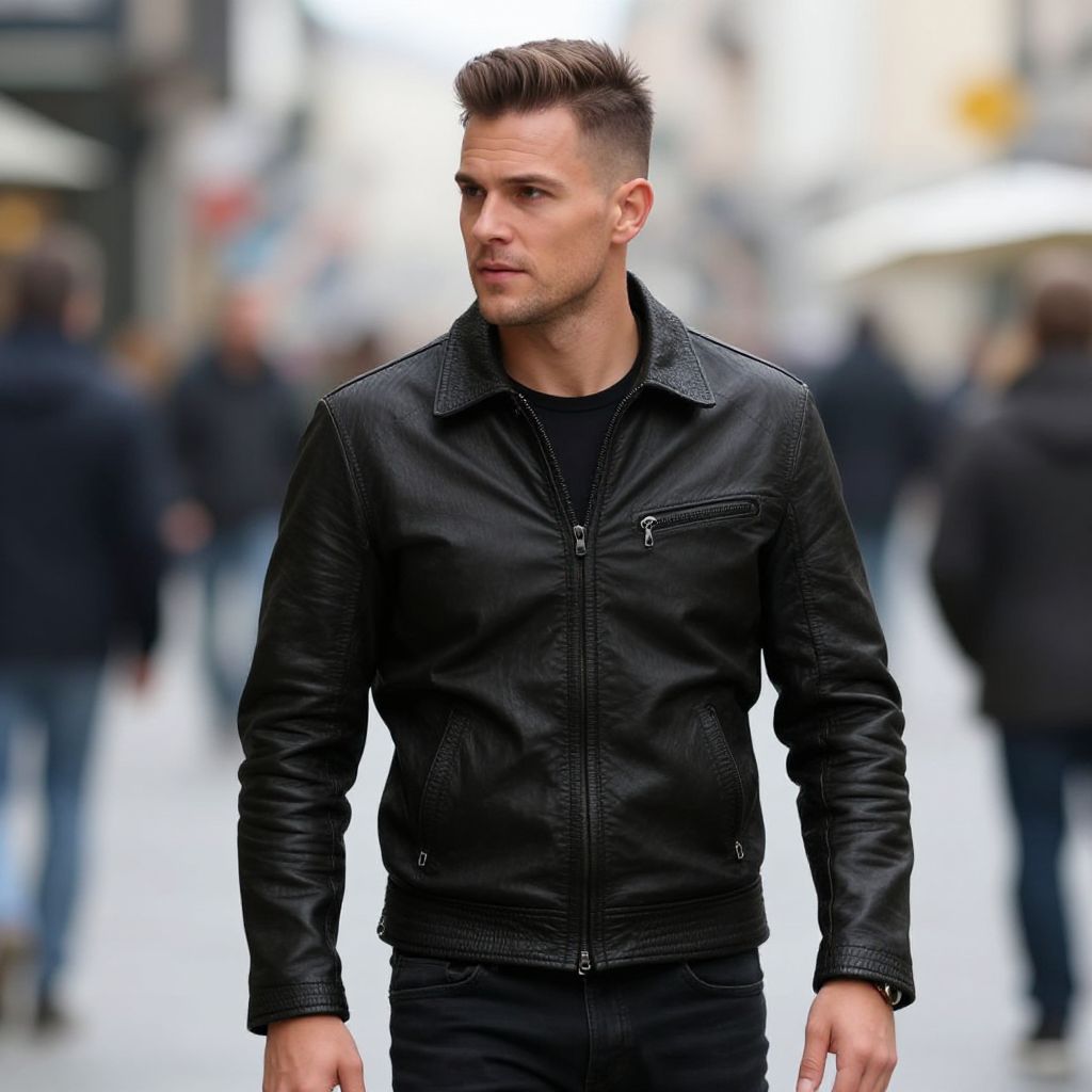 Confident Man Walking in Black Leather Jacket on City Street
