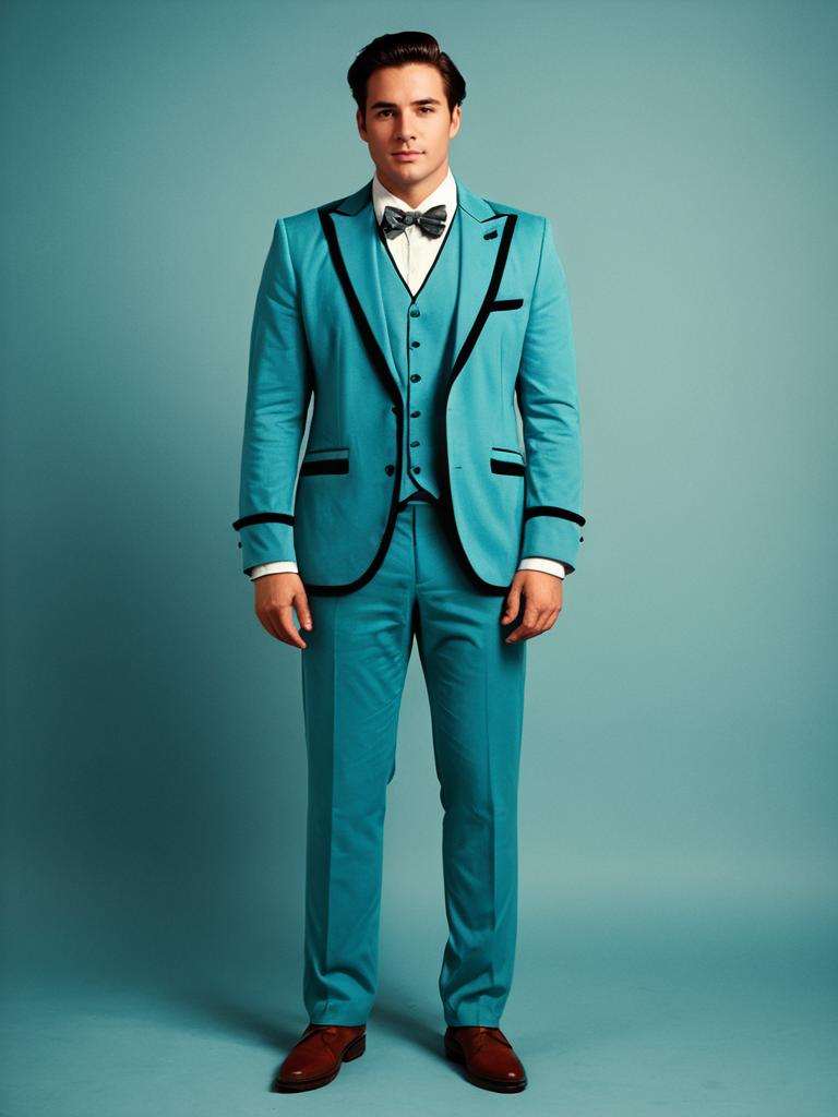 Man in Themed Turquoise Suit with Black Trim and Matching Details Full Body Costume