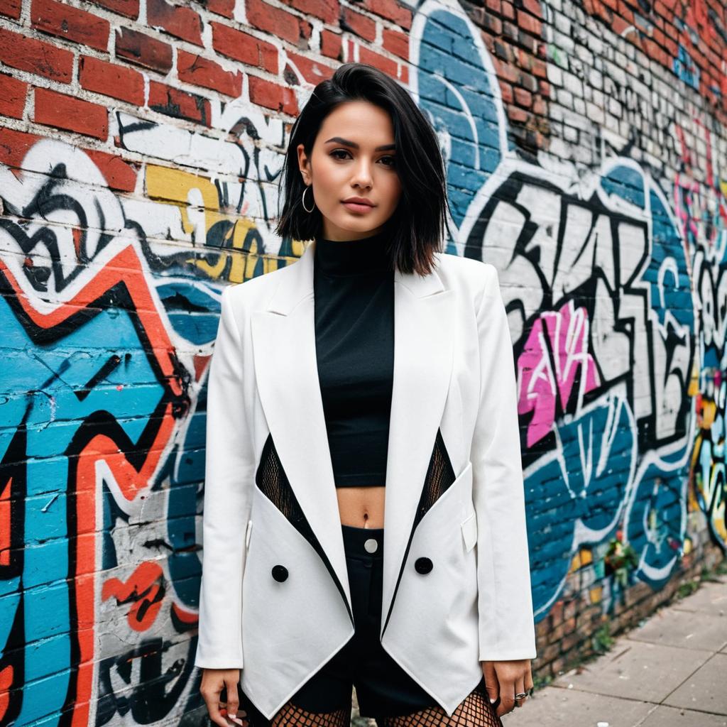 Confident Woman in White Blazer Posing Against Urban Graffiti Wall