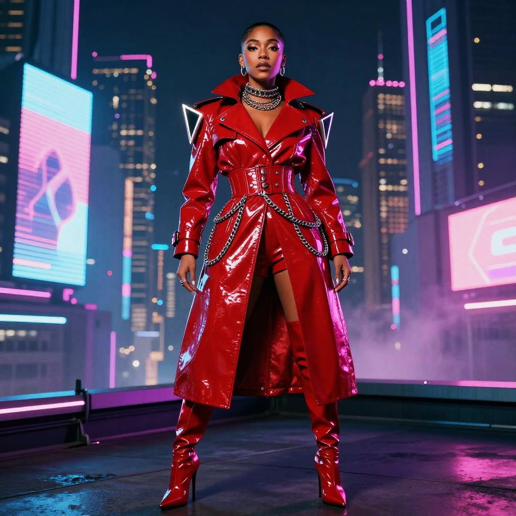 Futuristic Cyberpunk Woman in Red Glossy Trench Coat and Boots Urban Night