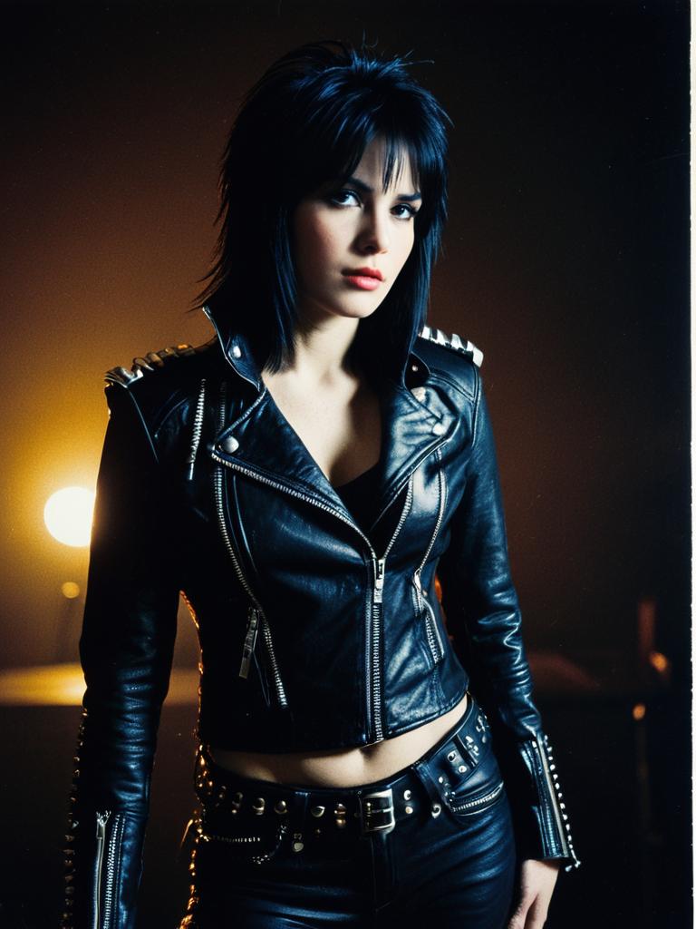 Woman in Joan Jett Outfit Waist Up Editorial Photo with Dramatic Lighting