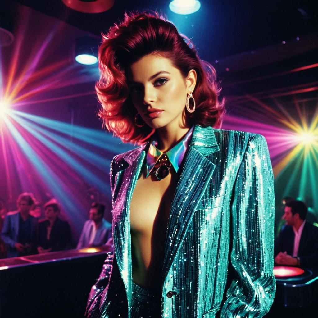 Glamorous Woman in Teal Sequin Suit at Retro Nightclub with Colorful Lighting