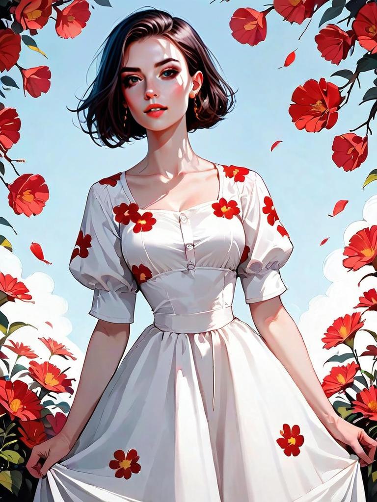 Digital Illustration of Woman in White Floral Summer Dress with Red Flowers