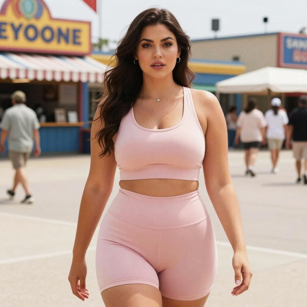 Curvy Woman in Soft Pink Scoop Neck Sports Bra and High-Waisted Shorts Activewear