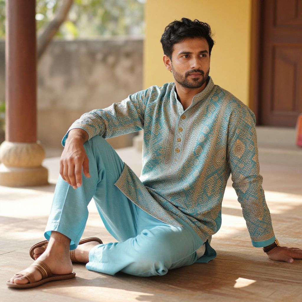 Man in Traditional Light Blue Kurta Sitting in Veranda