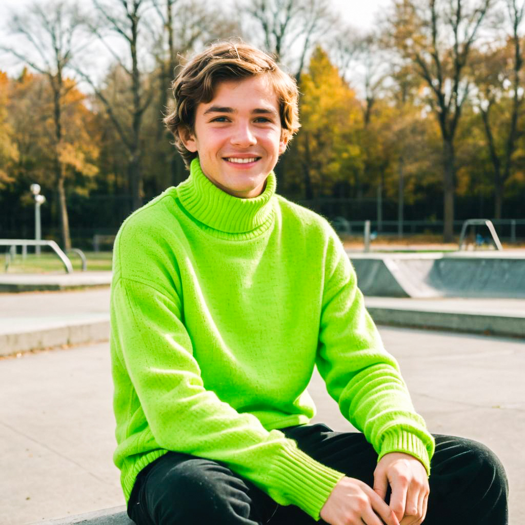 Cheerful young man in green sweater in autumn park