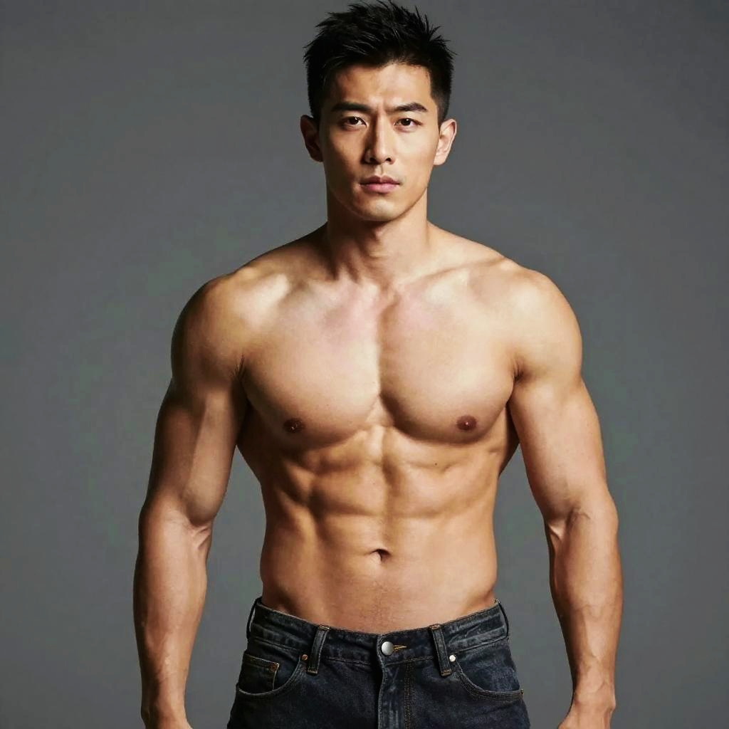 Muscular Shirtless Asian Man Fitness Portrait