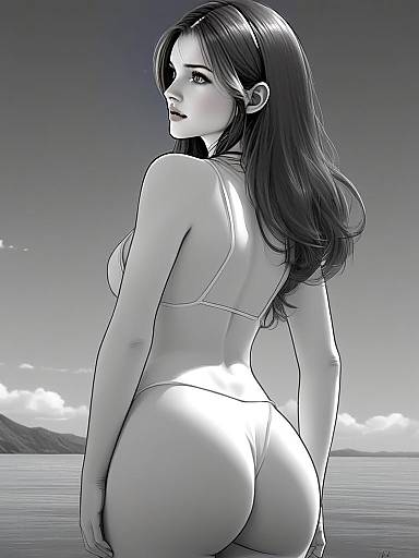 Monochrome Digital Illustration of Woman by Water in Swimsuit lvn87n1wmmbrgrg8