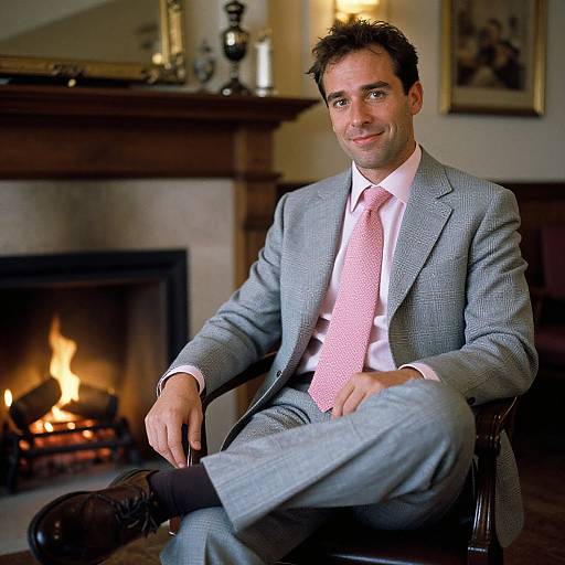 Man in Grey Suit Relaxing by Fireplace Indoor Portrait