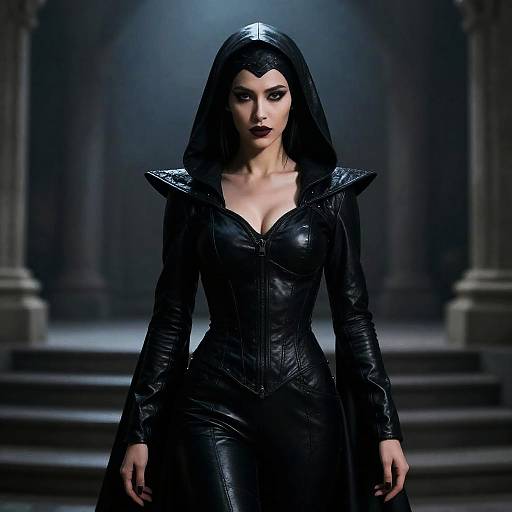 Dark Sorceress Woman in Black Leather Hooded Outfit Gothic Fantasy