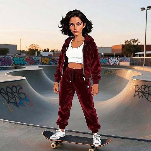 Young Woman Skateboarding in Maroon Tracksuit at Urban Skatepark