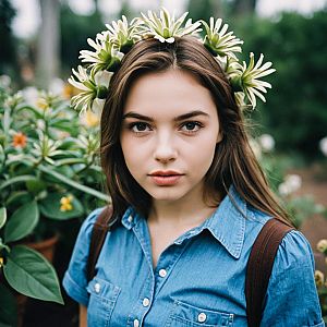 Young Woman in Denim Shirt with Flower Crown in Garden