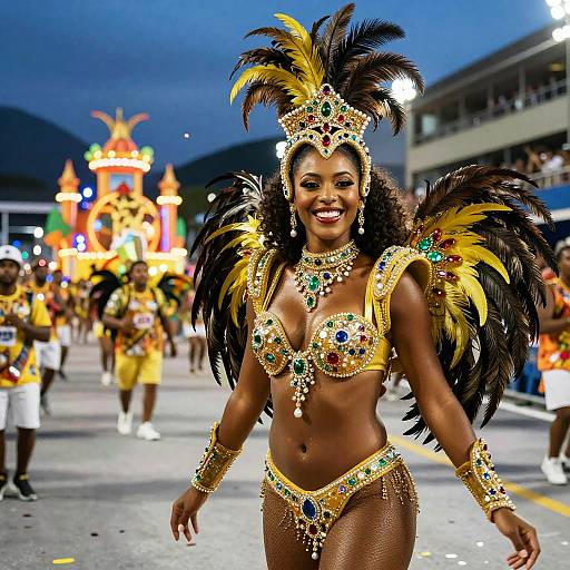 Joyful Woman in Colorful Carnival Costume During Street Parade