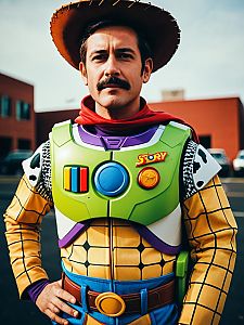 Man in Toy Story Costume Cosplay Editorial Portrait Photorealistic