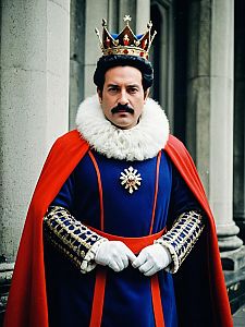 Man in King Outfit Cosplay Costume with Red Cape and Gold Crown