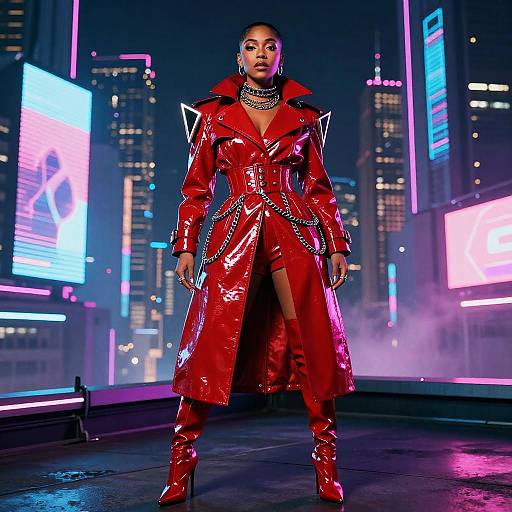 Futuristic Cyberpunk Woman in Red Glossy Trench Coat and Boots Urban Night