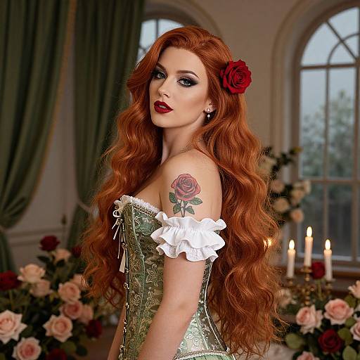 Elegant Red-Haired Woman in Vintage Corset with Rose Tattoo