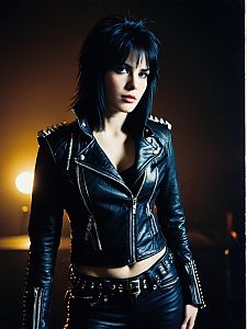 Woman in Joan Jett Outfit Waist Up Editorial Photo with Dramatic Lighting