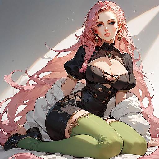 Anime Woman with Pink Hair in Black Dress and Green Stockings Digital Art