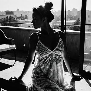 Woman in Sheer Dress with Cityscape