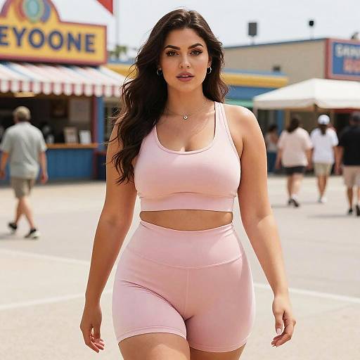 Curvy Woman in Soft Pink Scoop Neck Sports Bra and High-Waisted Shorts Activewear