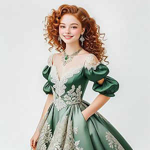 Smiling Woman in Green Satin Gown with Lace
