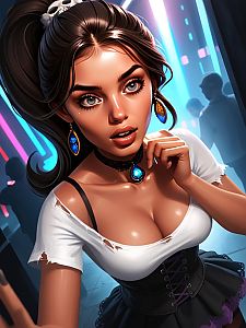 Cyberpunk Digital Art Portrait of Woman with Blue Gemstone Jewelry