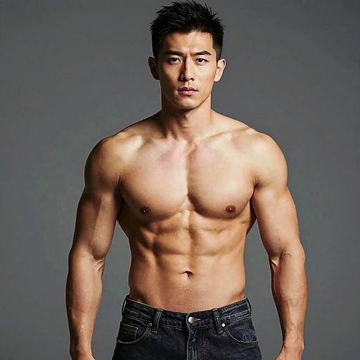 Muscular Shirtless Asian Man Fitness Portrait