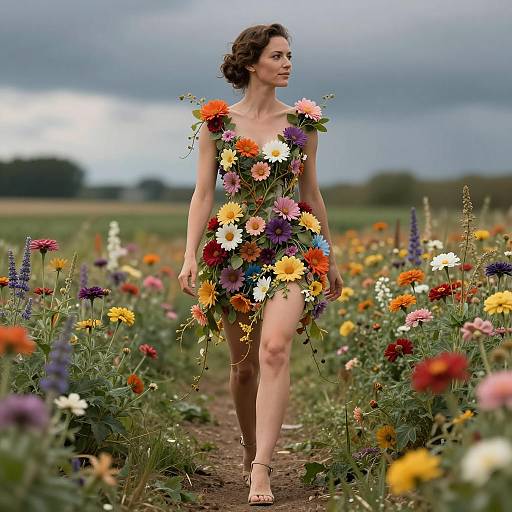 35-Year-Old Woman Wearing Floral Dress Walking in Flower Field Photorealistic