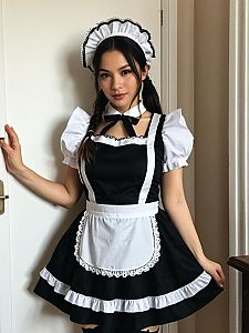 Lockable Maid Costume with Lace Apron and Bow Collar