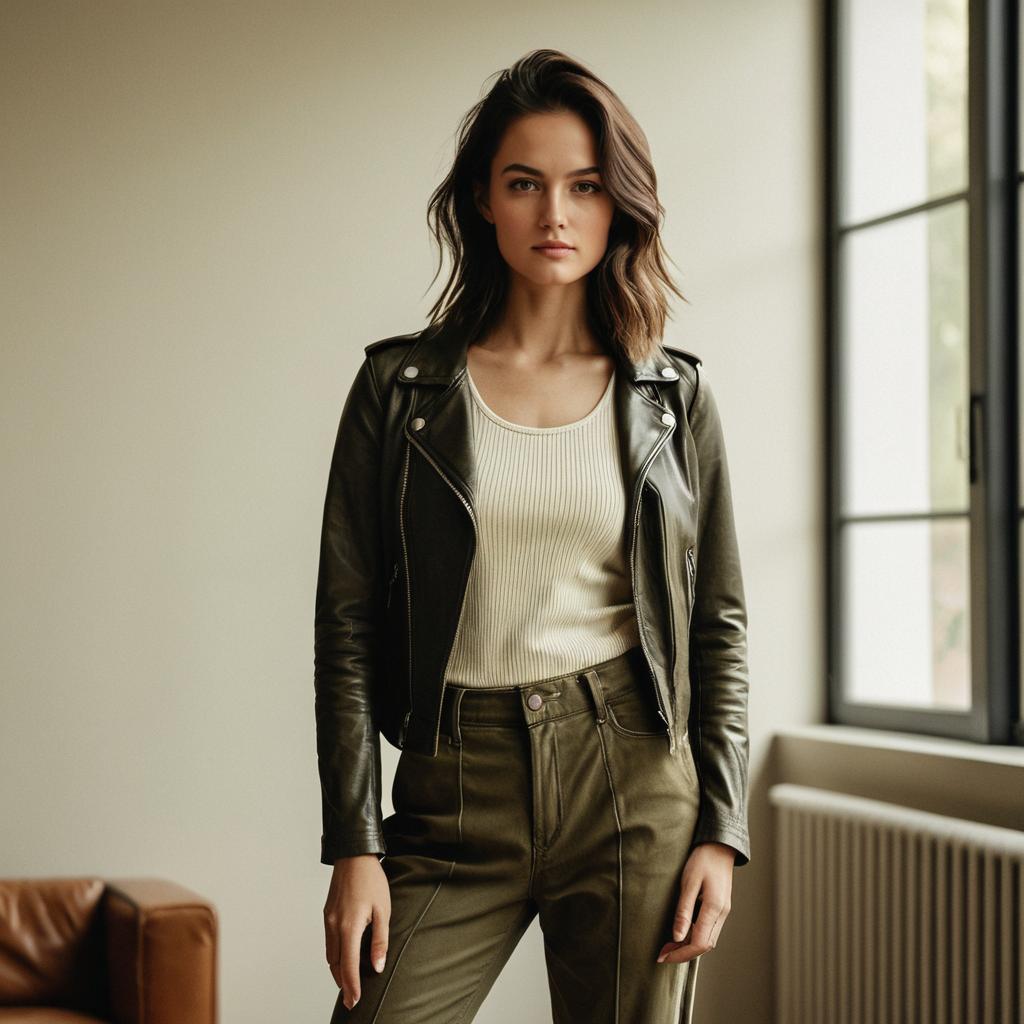 Young Woman in Olive Leather Jacket and Casual Outfit Near Window