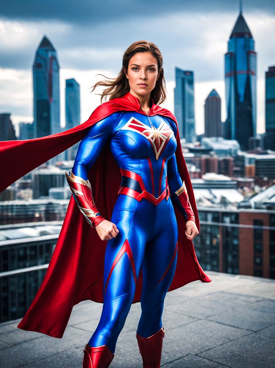 Woman in Captain Britain Costume Against City Skyline