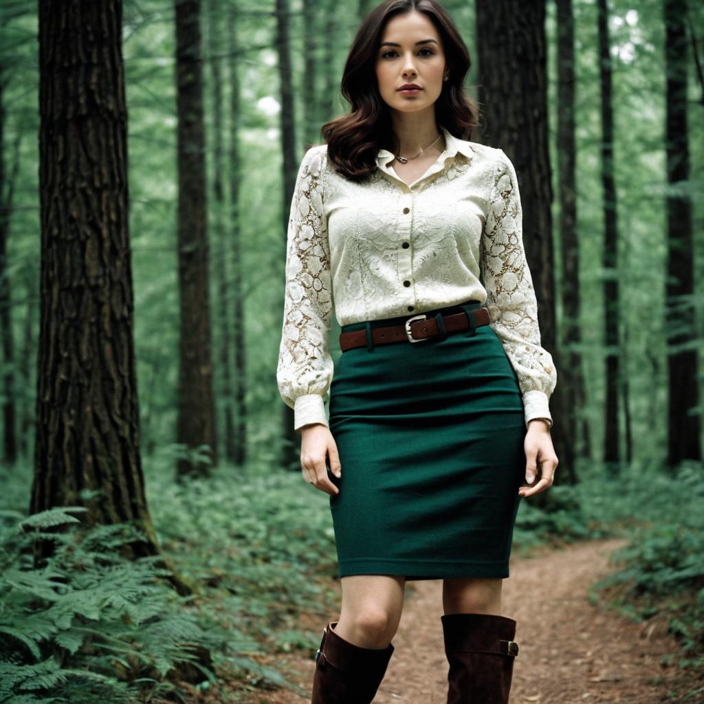 Confident Woman in Elegant Outfit on Forest Path