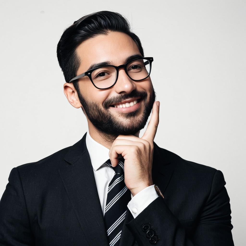 Confident Young Man in Black Suit and Glasses Smiling Thoughtfully