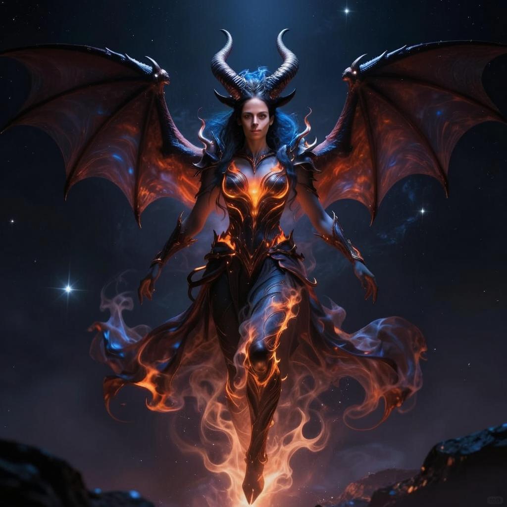 Dark Fantasy Woman with Dragon Wings and Horns Surrounded by Flames