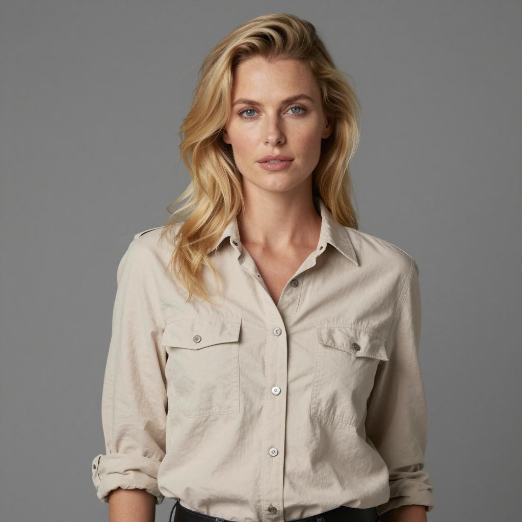 Blonde Woman in Beige Shirt Minimalistic Portrait Studio