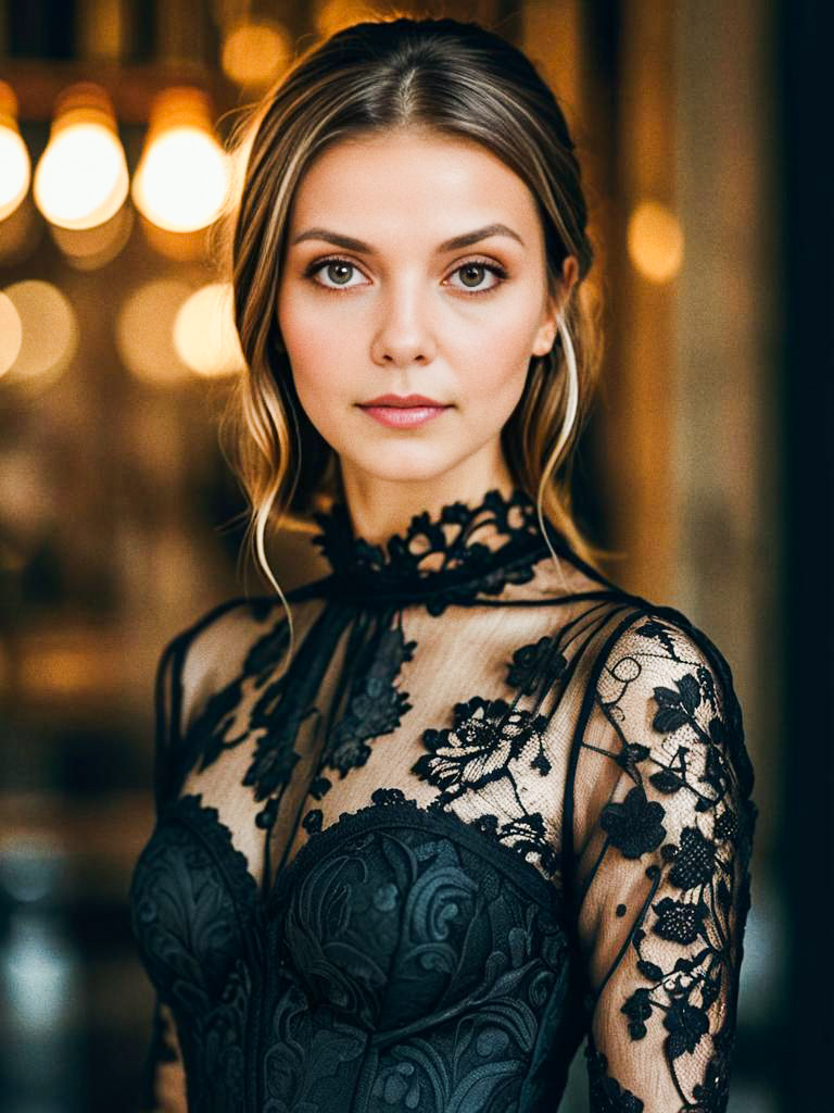 Elegant Woman in Black Lace Gown