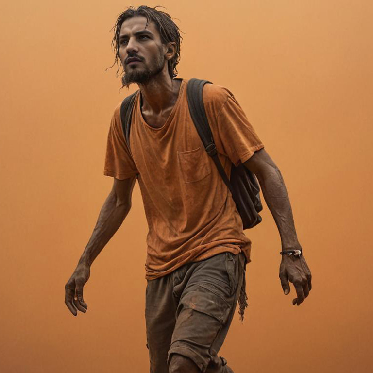 Man in Tattered Clothing in Orange Fog - Resilience and Survival