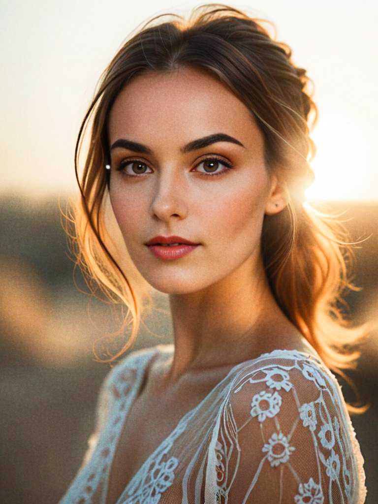 Serene woman with glowing skin at sunset