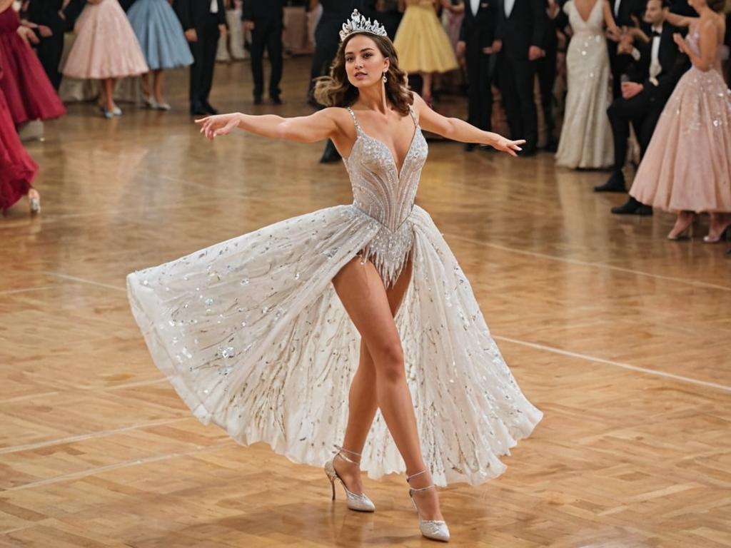 Elegant Woman in Stunning Gown on Grand Dance Floor