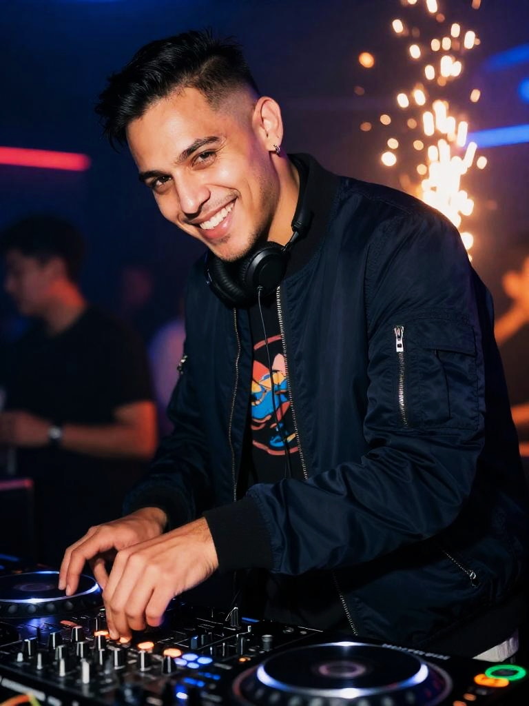 Young Man DJ Performing at Nightclub with DJ Controller and Pyrotechnics