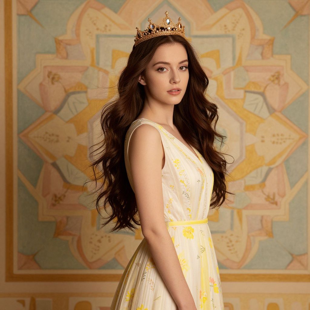 Elegant Woman Wearing Gold Crown and Floral Dress Portrait