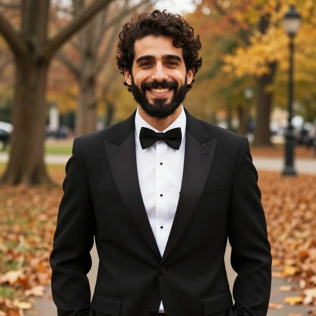 Smiling Man in Black Tuxedo Outdoors in Autumn