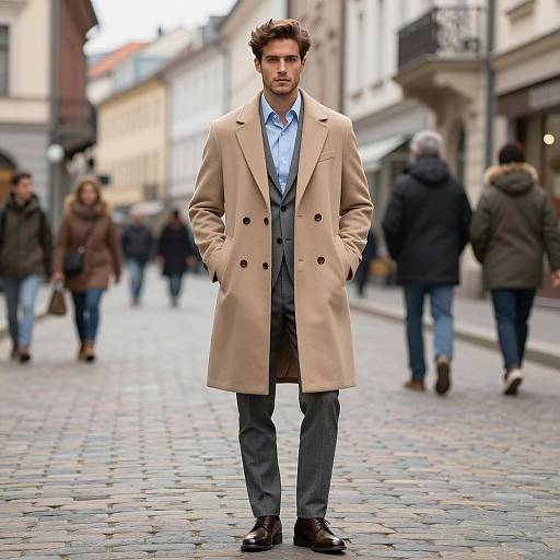 Man in Beige Coat and Grey Suit Walking on Cobblestone Street