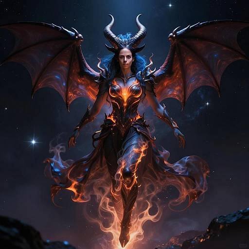 Dark Fantasy Woman with Dragon Wings and Horns Surrounded by Flames