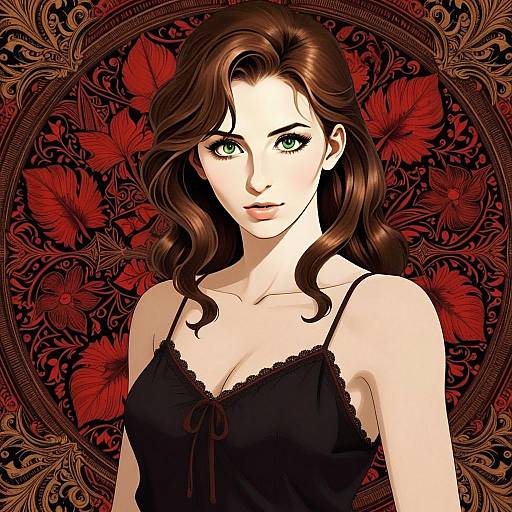 Anime Style Portrait of Woman with Green Eyes and Ornate Red Floral Background