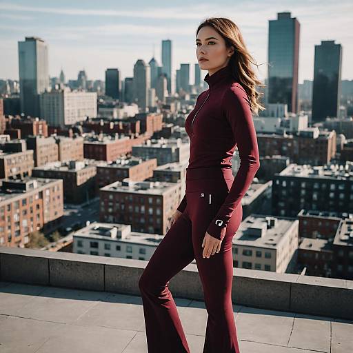 Woman in Maroon Athletic Wear on City Rooftop with Skyline View