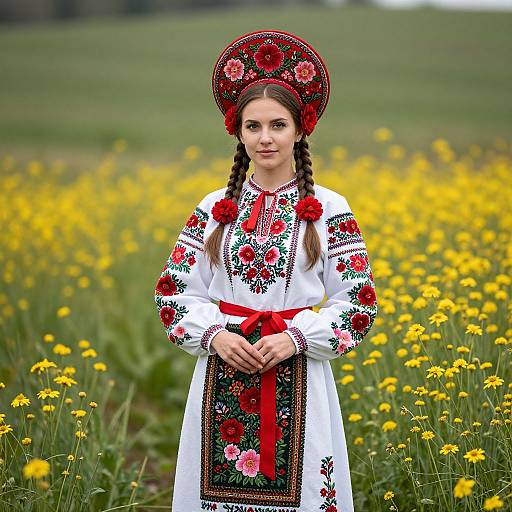Woman in Traditional Eastern European Folk Costume in Flower Field